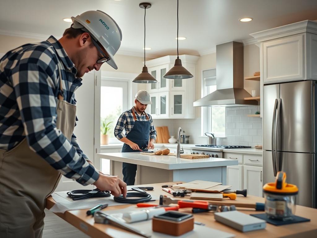 A close-up shot of contractors working on a property renovation, focusing on a beautifully remodeled kitchen, with tools and materials around.