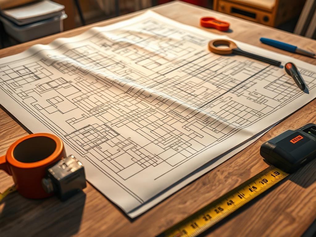 A close-up shot of blueprints and renovation plans spread out on a table, with a measuring tape and tools nearby, in a well-lit workspace.