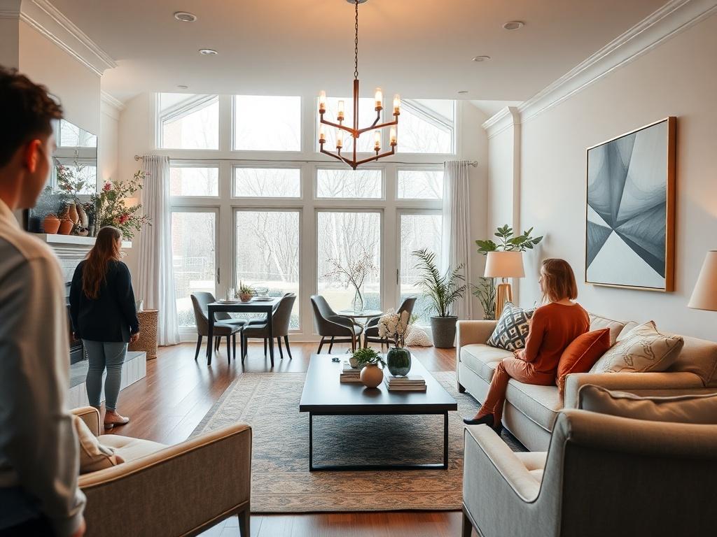 A close-up shot of a beautifully staged living room during an open house, with potential buyers viewing the space attentively.