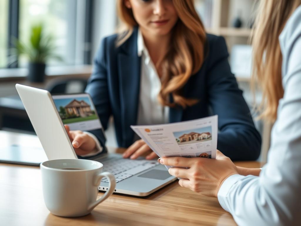 A close-up shot of a real estate agent reviewing property listings on a laptop, with a coffee cup beside them, in a modern office setting.