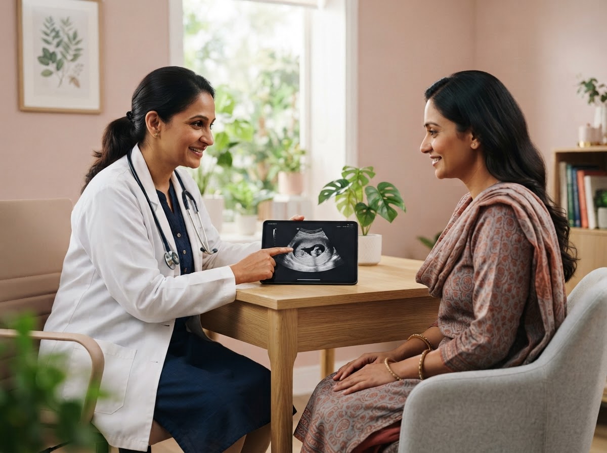 A fertility doctor showing an ultrasound image to a patient