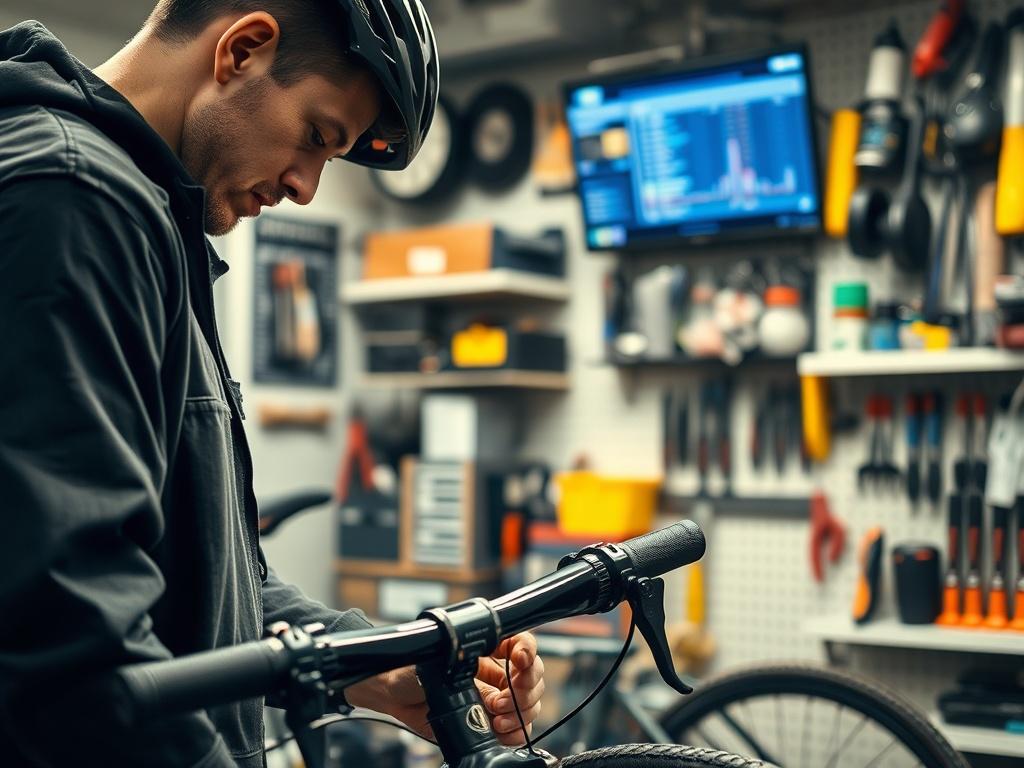 A close-up shot of a bike mechanic working on a bicycle in a well-organized bike shop. The mechanic is surrounded by tools and parts, with a digital inventory screen visible in the background. The image should convey a sense of professionalism and efficiency, emphasizing the importance of effective inventory management. Use colors that harmonize with the primary color rgb(40, 93, 225).