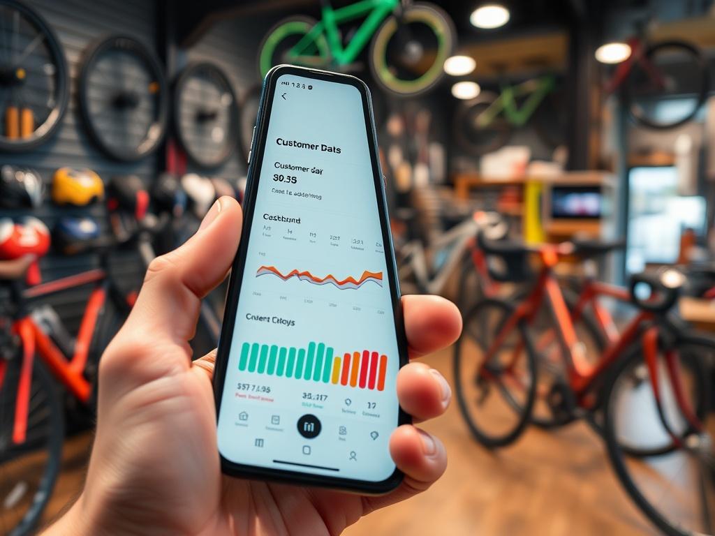 A close-up shot of a smartphone displaying a user-friendly mobile app interface with a customer data dashboard. The background should be a blurred bike shop, showcasing bikes and accessories. The image should evoke a sense of modern technology and efficiency, with vibrant colors that complement the primary color rgb(40, 93, 225).