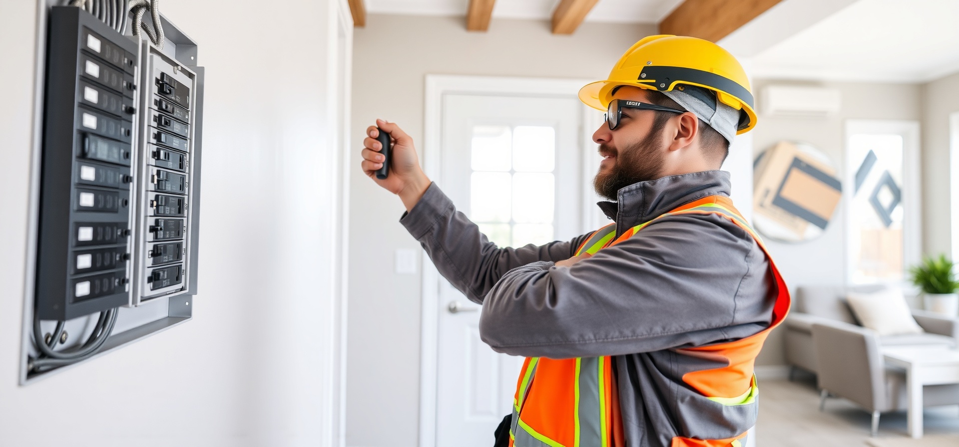 Professional electrician installing breaker panel