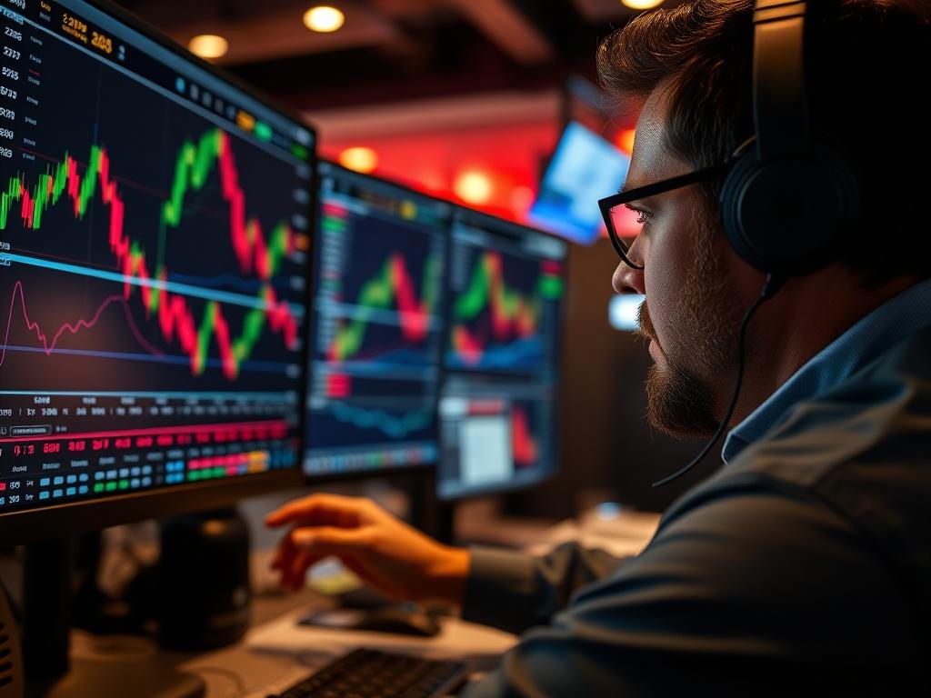 A close-up shot of a Forex market screen displaying live trading data and charts, with a trader actively engaged in the process. The background should feature an energetic trading environment, showcasing excitement and focus. The image should be high-resolution, emphasizing the dynamic nature of live trading.