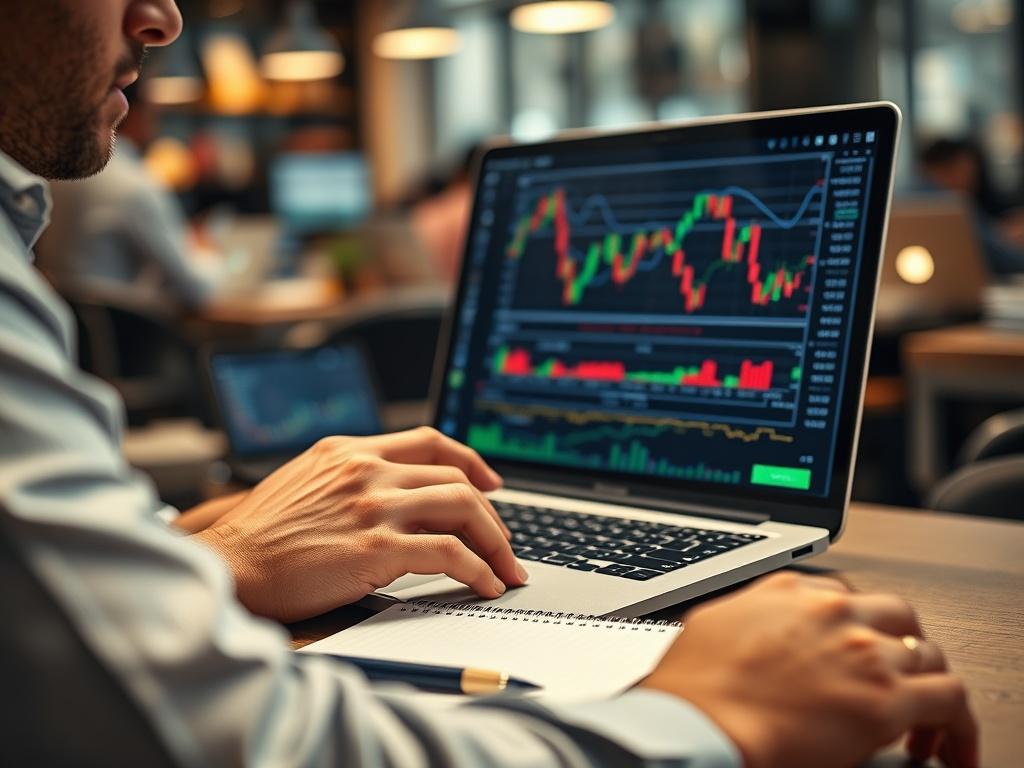 A close-up shot of a trader analyzing Forex charts on a laptop, with a notepad and pen beside them. The background hints at a busy trading office environment, conveying focus and determination. The lighting is warm and inviting, emphasizing the trader's concentration and the importance of the charts.