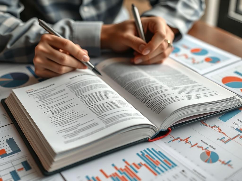 A high-resolution image of a Forex trading book open on a table, surrounded by charts and graphs. A hand is holding a pen, indicating active learning and engagement. The background is softly blurred to keep the focus on the book and materials, conveying a sense of study and expertise.