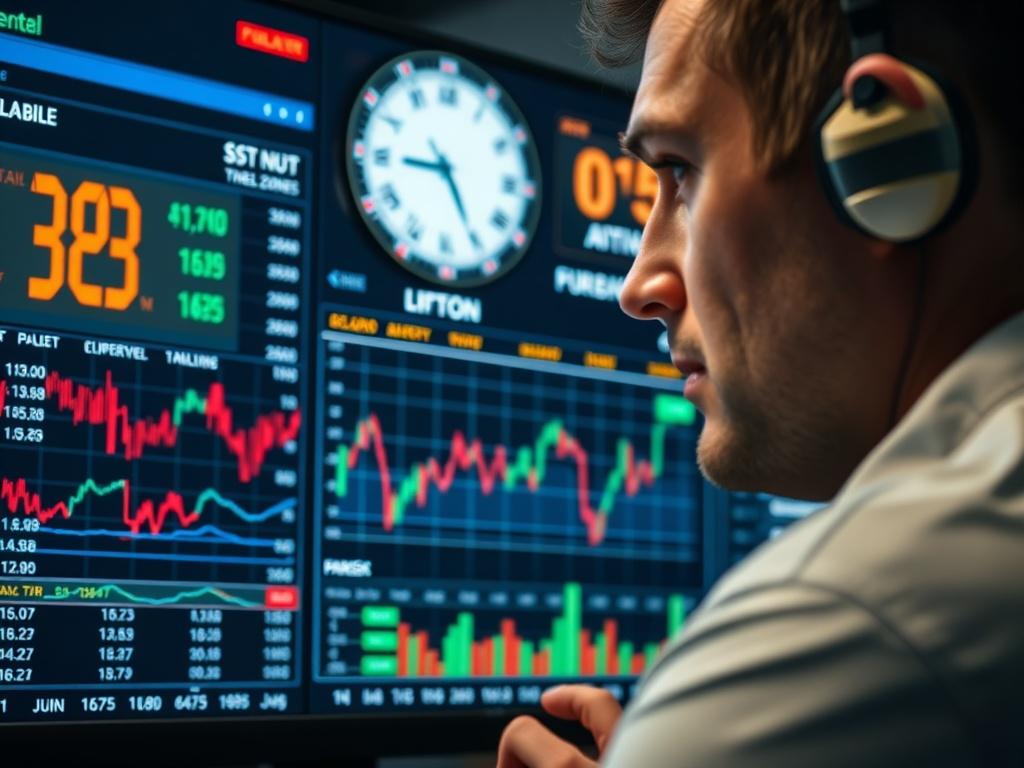 A close-up shot of a Forex market screen displaying real-time data and graphs, with a trader intently watching the updates. The background features a digital clock showing different time zones, symbolizing the global nature of Forex trading. The lighting highlights the screen, emphasizing the importance of staying informed.