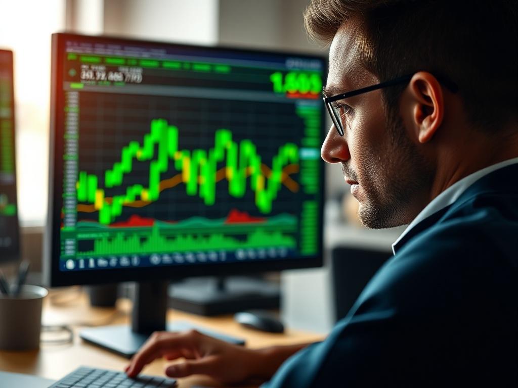 A close up shot of a focused trader analyzing Forex