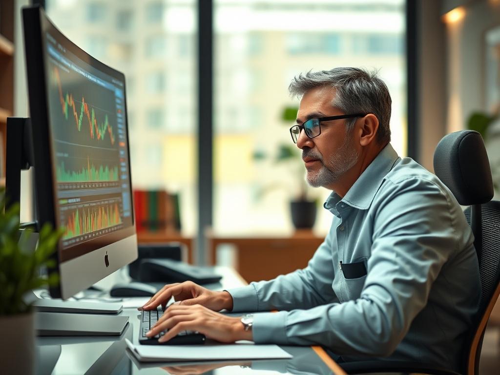 Generate a realistic high-resolution photo that captures the essence of "Mastering Forex Psychology." The composition should center around a focused portrait of a confident individual sitting at a sleek trading desk, deeply concentrating on their computer screen that displays intricate Forex charts and data. The subject should be a middle-aged South African trader with a thoughtful expression, showcasing determination and calmness, as they navigate the complexities of trading. 

In the background, include a