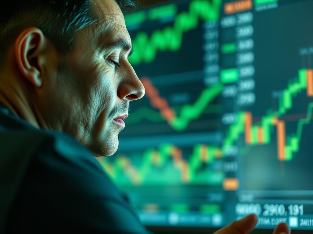 A close-up of a trader meditating with Forex charts in the background, symbolizing mental clarity and focus, with a green hue enhancing the atmosphere.