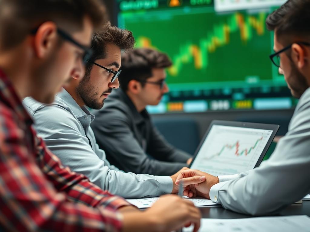 A close-up shot of participants engaged in a Forex trading workshop, focusing on charts and discussions, with a green-themed backdrop for a professional feel.