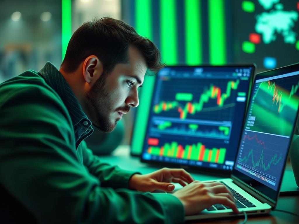 A close-up of a focused individual analyzing Forex charts on a laptop, with vibrant green colors reflecting the theme of financial growth in the background.