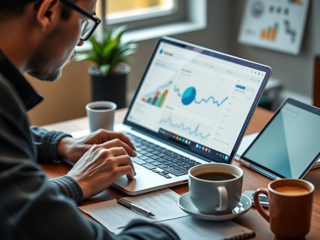 A business owner reviewing analytics on a laptop, surrounded by