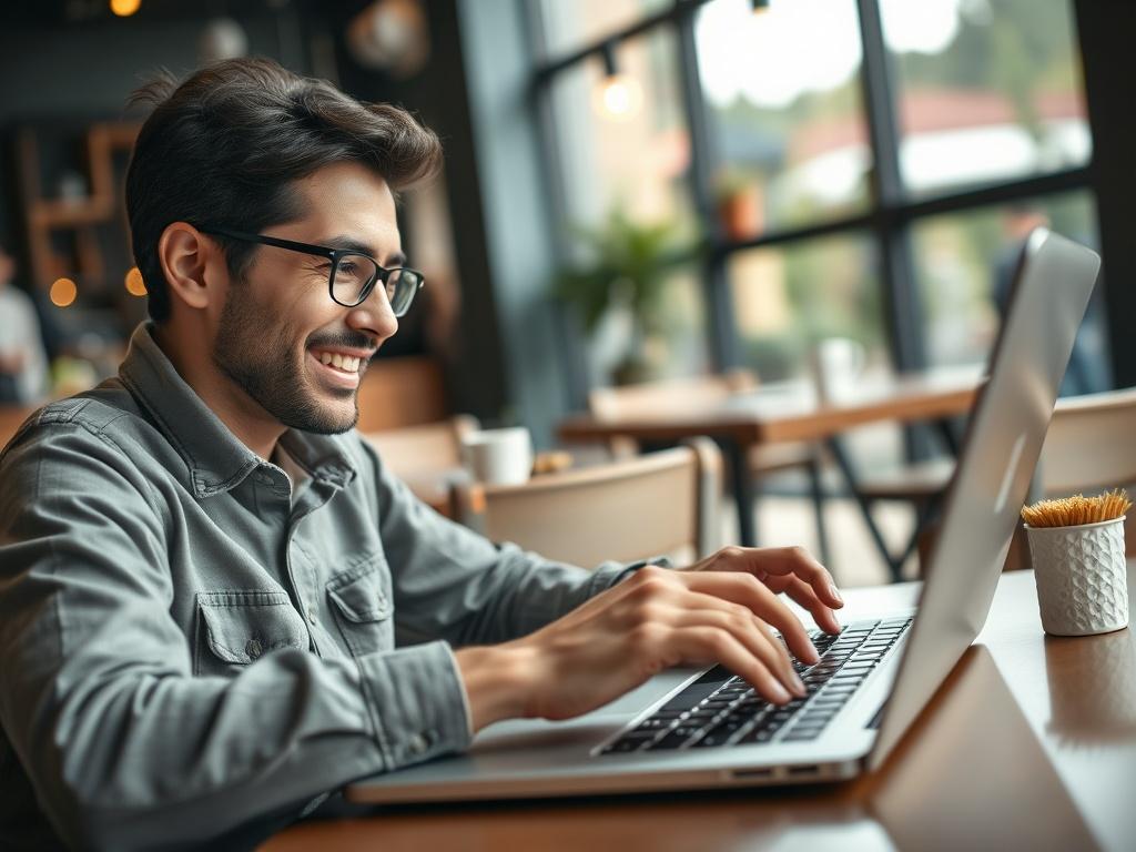 A satisfied customer typing a review on a laptop, with