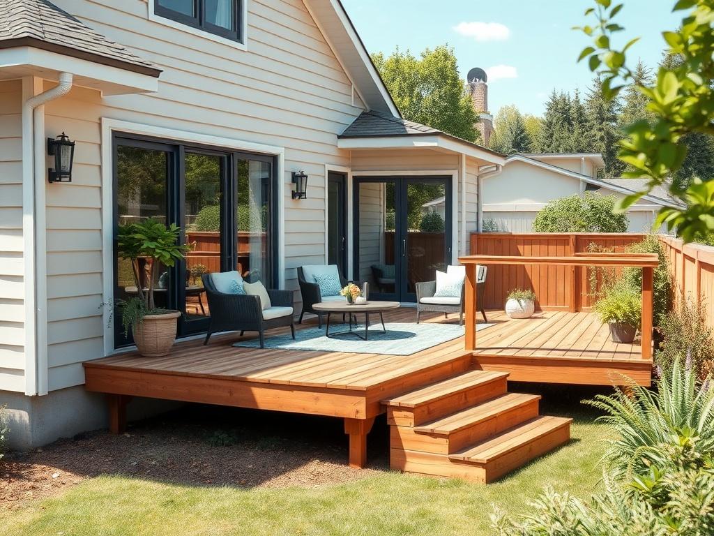 A realistic high resolution image of a modern wooden deck