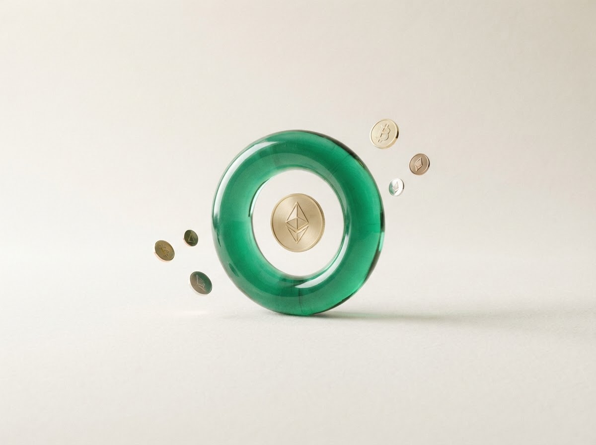 Sculptural emerald coin forms representing a more organized approach to crypto taxes