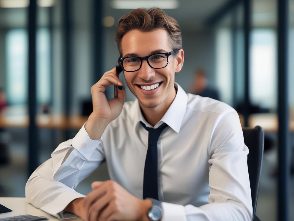 A close-up shot of a professional salesperson on a phone call in a modern office setting. The subject is engaged and smiling, exuding confidence and professionalism. The background is softly blurred to emphasize the subject, featuring elements like a computer, notepad, and a plant. The overall lighting is bright and inviting, with a color palette that includes shades of green to reflect the primary color rgb(50, 170, 39). The image is captured using a 45mm f/1.2 lens to achieve a hyper-realistic effect.