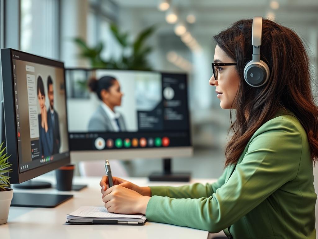 A close-up shot of a professional recruiter engaging on a video call with a potential candidate. The recruiter is attentively listening and taking notes, showcasing a modern office environment with a clean desk and a computer displaying candidate information. The background is softly blurred to emphasize the recruiter, and the primary color theme incorporates shades of green, reflecting a vibrant and productive atmosphere.