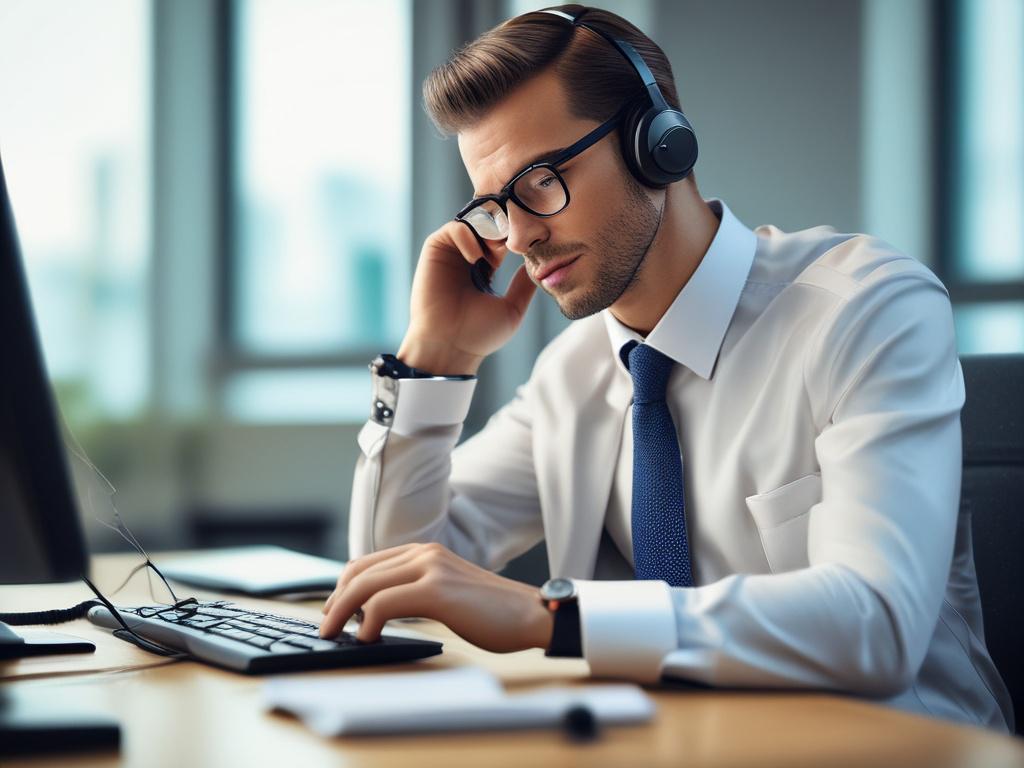 A hyper-realistic close-up of a professional sales appointment setter at work. The subject is a focused individual on a phone call, looking engaged and confident. They are seated at a modern desk with a laptop open and notes scattered around. The background is softly blurred to keep the attention on the subject, with warm lighting that highlights their expression of determination. The color palette includes touches of rgb(50, 170, 39) to align with the brand's identity.
