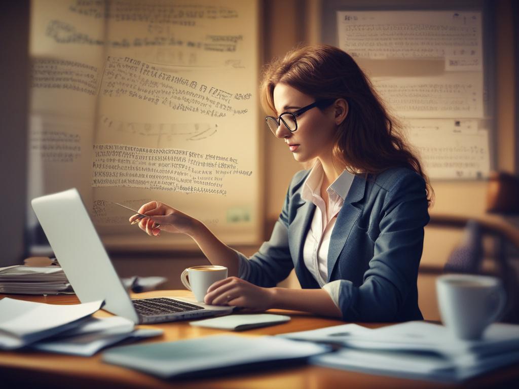 A hyper-realistic, close-up shot of a virtual assistant working on a laptop, surrounded by notes and a coffee cup. The background should be softly blurred, hinting at a modern office environment. The subject is focused and engaged, reflecting professionalism and efficiency. The primary color of the image is rgb(50, 170, 39), creating a vibrant and energetic mood.