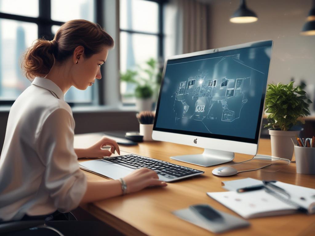 A professional virtual assistant working on a laptop, focused and