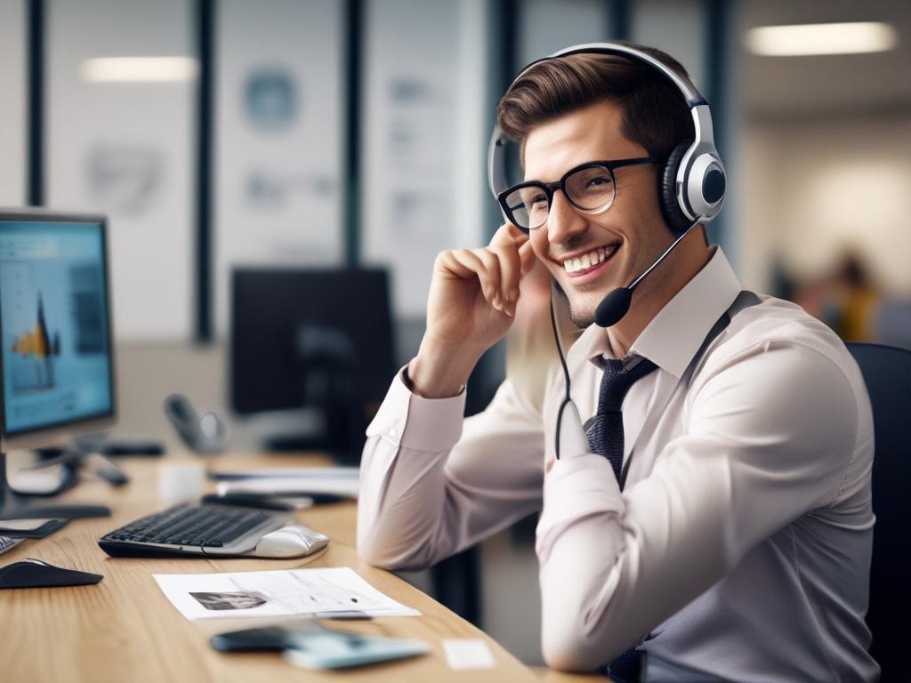 A focused sales appointment setter on a headset, making calls,