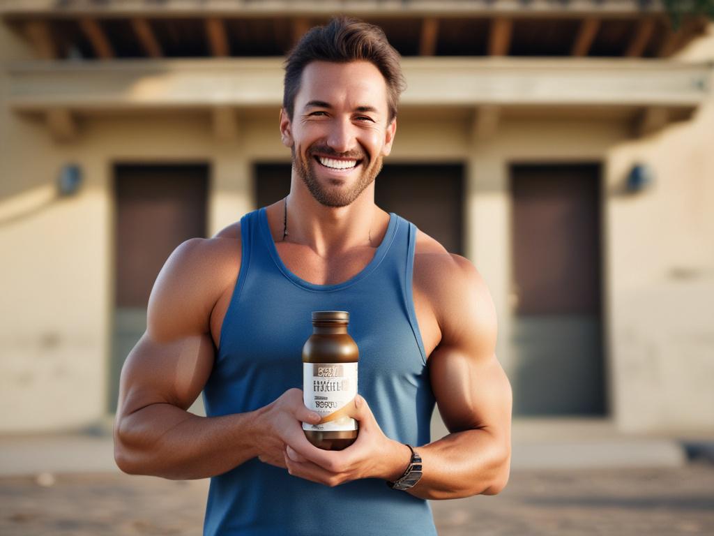 Create a realistic high-resolution image that portrays a vibrant and energetic lifestyle, centered around an active individual holding a bottle of energy-boosting supplements. The subject should be a fit, athletic person in their mid-30s, wearing comfortable workout attire (a fitted tank top and shorts) and a joyful, determined expression. Position them outdoors in a sunlit park, surrounded by lush greenery to evoke a sense of vitality and well-being. 

In the foreground, ensure the individual is the only f