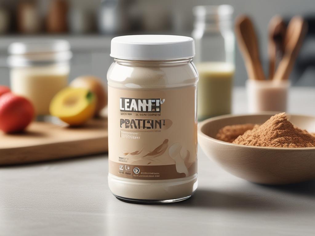 A realistic high-resolution photo of a scoop of LeanFit Protein Powder set beside a clear glass filled with a protein shake. The scene should be bright and inviting, featuring a kitchen countertop with natural light illuminating the ingredients, creating a fresh and health-focused atmosphere.