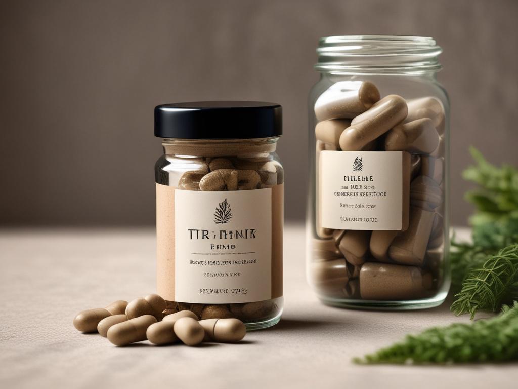 A realistic high-resolution photo of Trim & Tone Herbal Blend capsules displayed in a glass jar on a natural stone surface. The jar should reflect a minimalist aesthetic with earthy colors. Gentle sunlight should cast soft shadows, enhancing the natural textures of the stone.