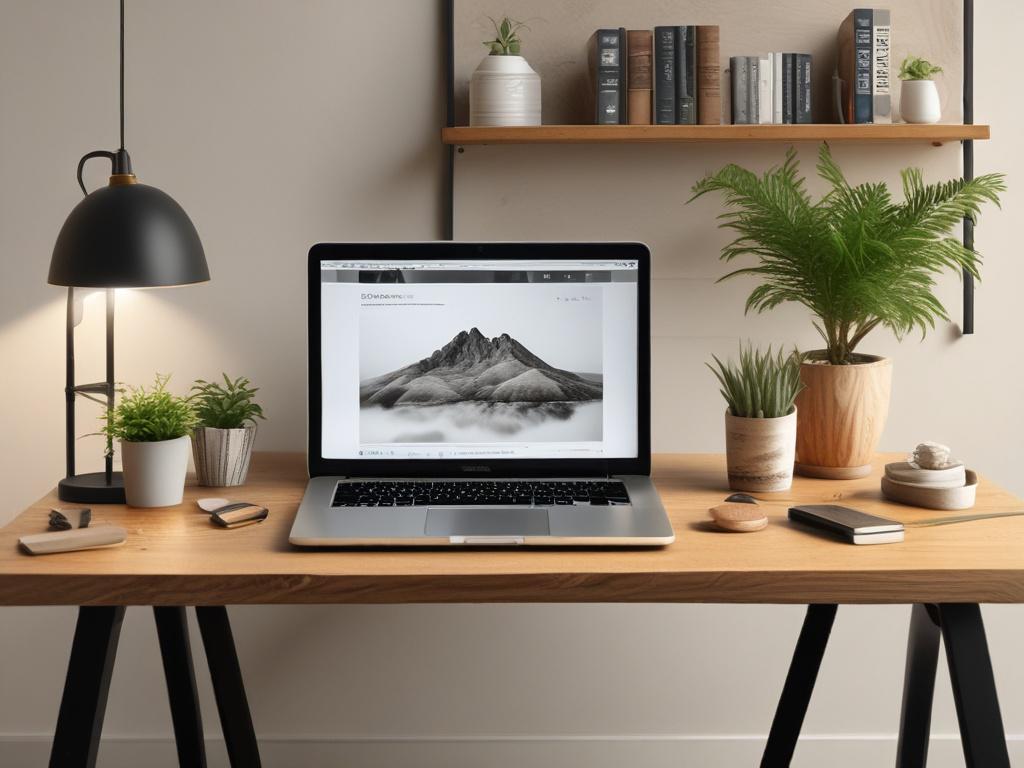 A clean, inviting workspace with natural light, featuring a wooden desk with a laptop displaying health-related graphics. Surrounding the desk are potted plants and wellness books, creating a serene atmosphere. The background should showcase earthy textures and warm tones.
