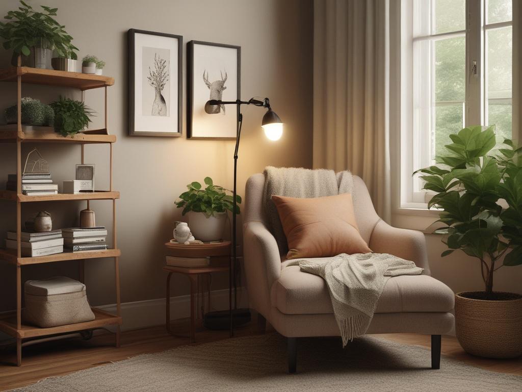 An inviting and cozy reading nook with a comfortable chair, stacked with wellness books and a tablet displaying a blog article. Soft lighting and a small indoor plant create a warm ambiance. The background should reflect earthy tones and textures.