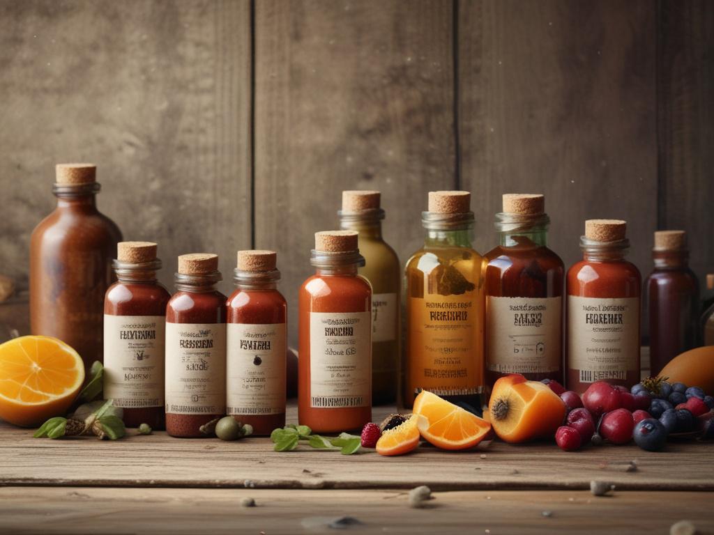 A high-quality image of a vibrant assortment of supplements displayed on a rustic wooden table. The scene should include various bottles with natural labels, surrounded by fresh fruits and herbs, highlighting a healthy lifestyle. The background should feature soft, earthy tones.