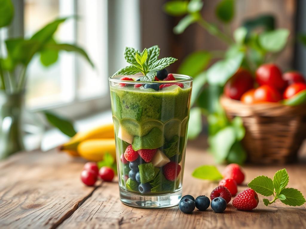 **Prompt for AI Image Generator:**

Create a realistic high-resolution photo for a blog titled "Unlock Your Energy With Smoothie Plans." Focus on presenting one subject—a vibrant, fresh smoothie in a clear glass, filled with colorful ingredients such as leafy spinach, ripe bananas, and bright berries. The smoothie should be visually appealing, showcasing the rich textures and natural colors of the fruits and vegetables, accented by a sprig of mint on top. 

The composition should be simple and clear, with t