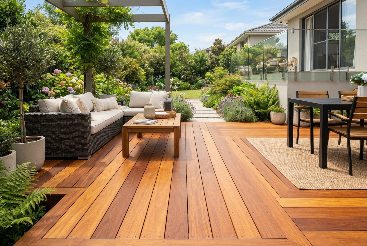 Professionally restored timber deck with rich natural wood color