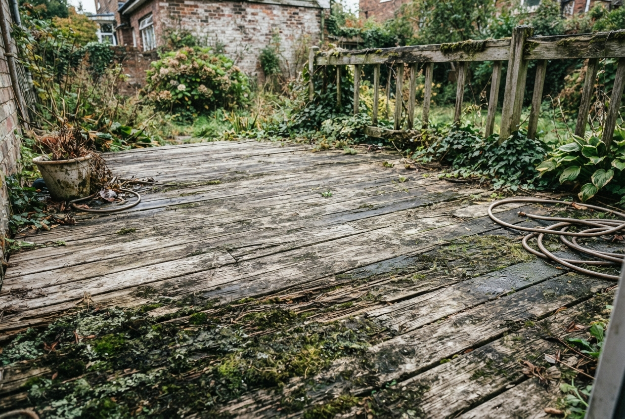 Weathered deck before professional restoration
