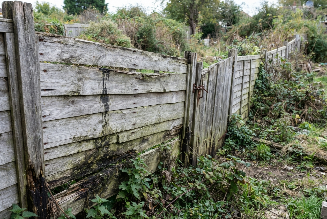 Weathered timber fence before restoration