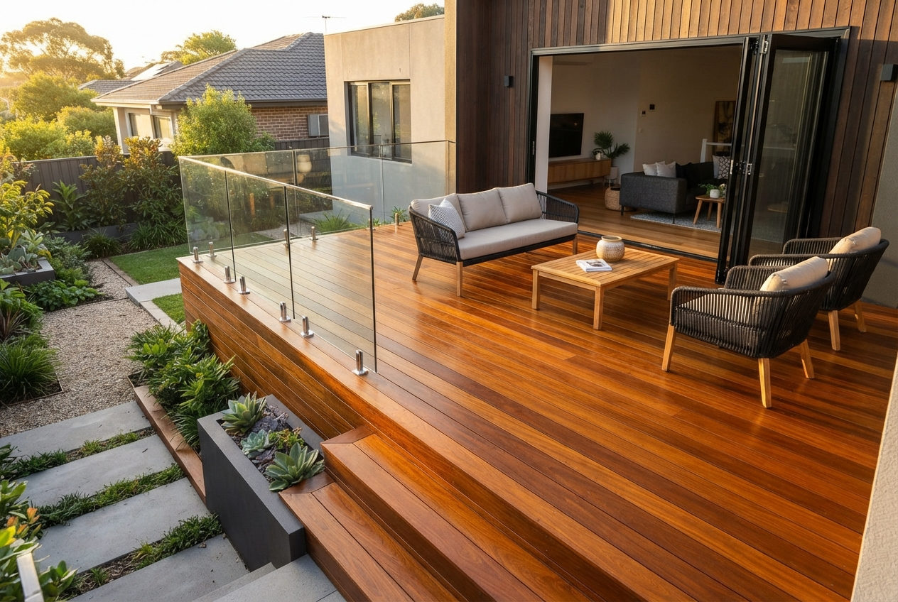 Professionally restored deck showing rich natural timber color