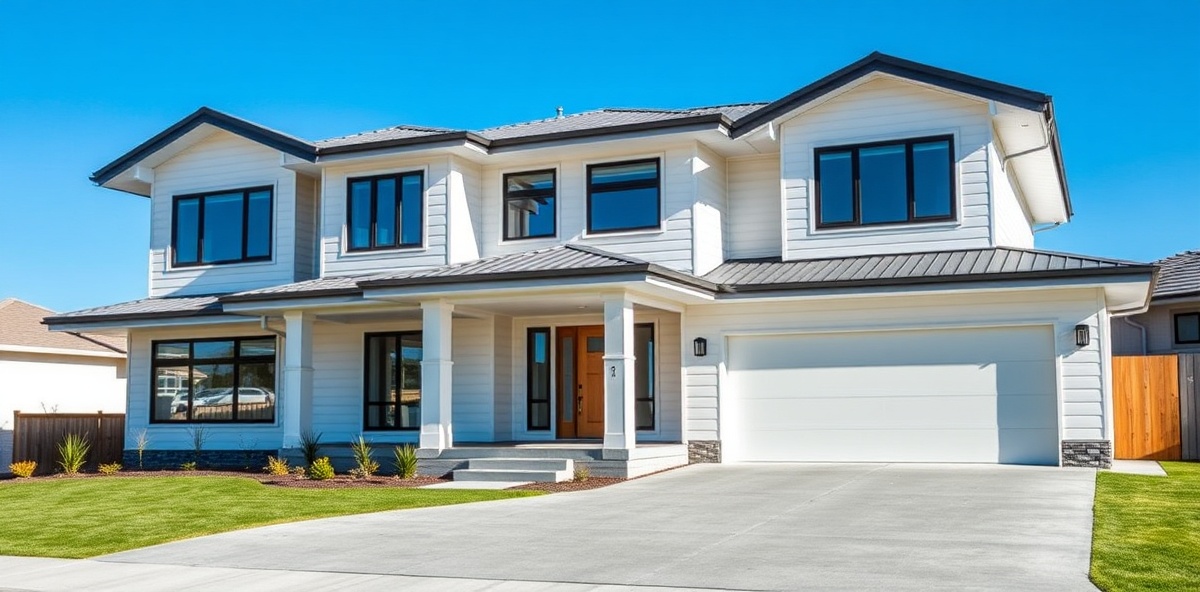 Pristine post-construction cleaned residential exterior showing spotless modern home with clean cladding, gutters, driveway and paths