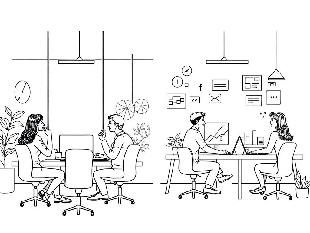A high-quality illustration showing a split scene with two distinct teams working independently. On one side, a sales team is engaged in discussions, analyzing data, and making phone calls in a vibrant office environment. On the other side, a marketing team is brainstorming, creating content, and designing graphics in a creative workspace. The background should be a simple, clear design that emphasizes the divide but also suggests connection through subtle visual elements. The overall style should be crisp,