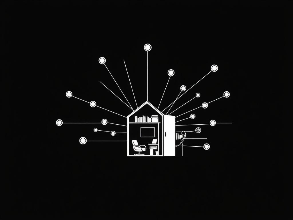 Create a minimal black line illustration of a single small structure, such as a small office or a cozy workspace, amplified by connected lines or signals. The illustration should represent enterprise AI power enabling an individual entrepreneur. The background should be black to enhance the contrast and visibility of the lines.
