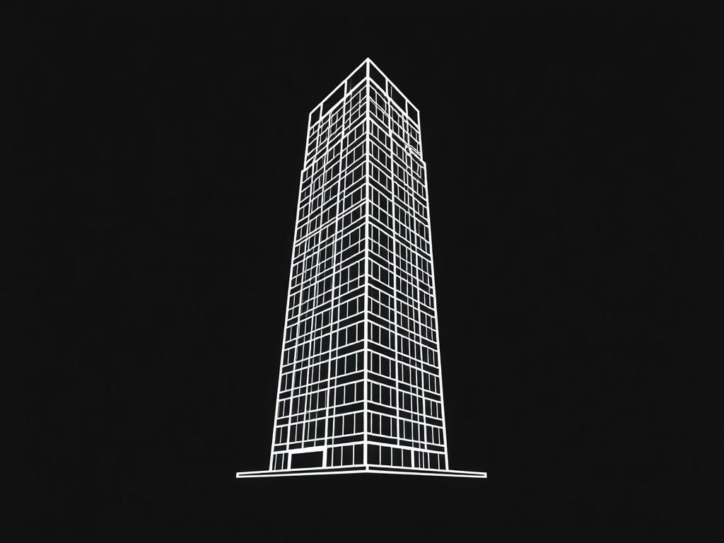 Create a minimal white line illustration of a skyscraping modern corporate building, symbolizing scalable execution and growth, on a black background.