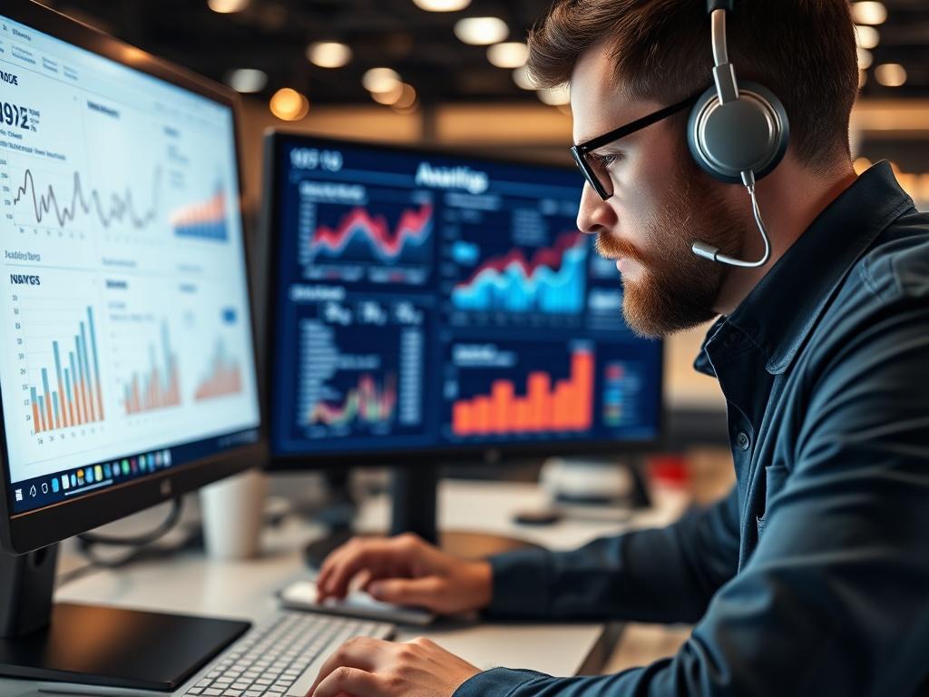 A close-up shot of a marketing analyst reviewing campaign analytics on a computer screen, with visual graphs and data metrics displayed. The setting should reflect a high-tech environment, emphasizing attention to detail and strategic adjustments.