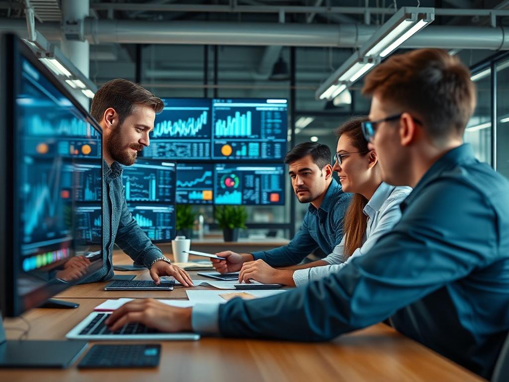 A focused marketing team in a modern office environment, actively engaged in a brainstorming session while reviewing campaign performance metrics on multiple screens. The atmosphere should be dynamic and energetic, emphasizing collaboration and innovation.