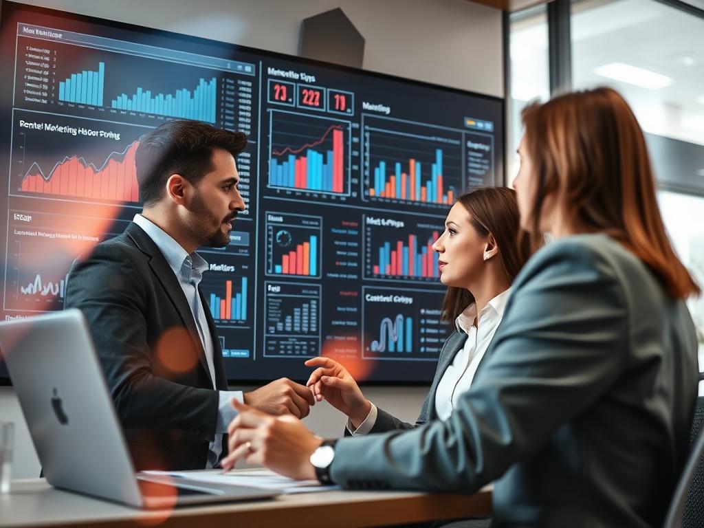 A close-up shot of a team of marketing professionals collaboratively analyzing data on a large screen, showcasing graphs and charts. The background should be a modern office environment with soft motion effects and geometric shapes. The scene should convey a sense of teamwork and strategic planning.