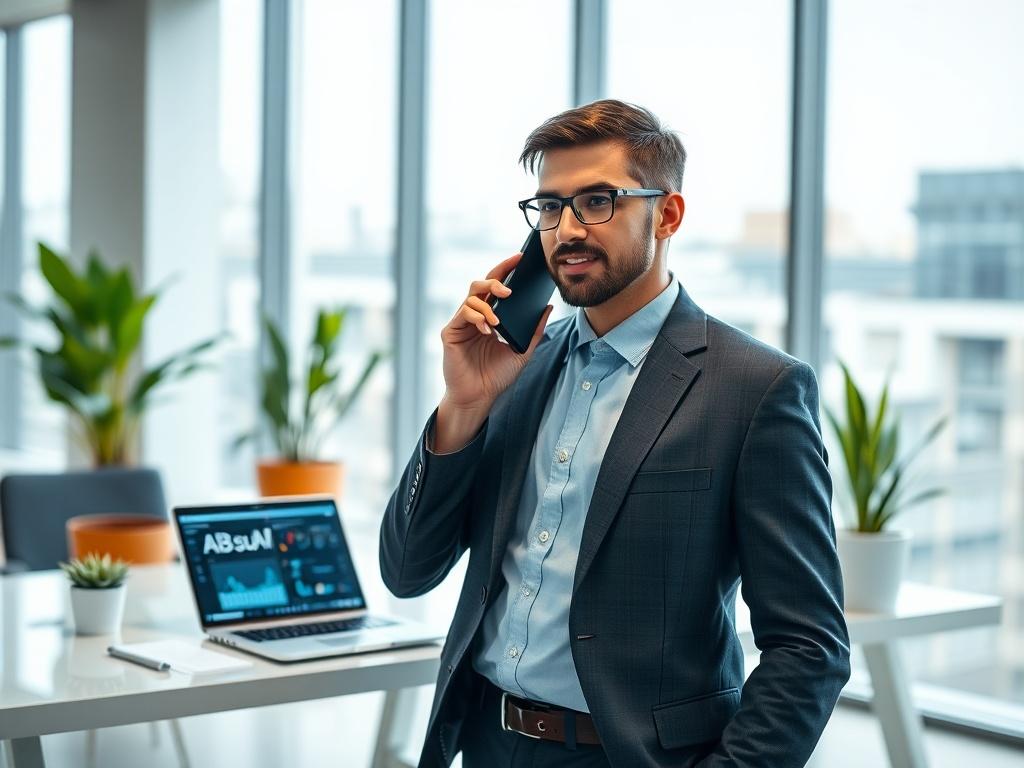 Create a realistic, high-resolution photo of a modern sales professional in a sleek, contemporary office environment. The subject should be a confident individual, dressed in business attire, engaged in a conversation on a smartphone, with a focused expression that reflects their enthusiasm for AI technology in sales. 

Position the subject centrally in the frame, with a slight blur on the background to maintain focus on them. The office background should feature a minimalist design, with large windows allo