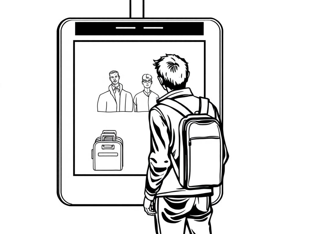A high-quality illustration featuring a security scanning system. The composition should include a clear image of a person standing in front of a screen, intently observing objects being scanned, similar to airport TSA security checks. The background should be simple and white with no text, focusing solely on the action of scanning and the person looking at the screen.