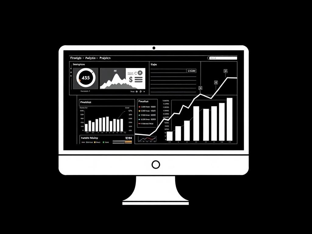 A computer screen displaying a data processing interface, with graphs and charts showing upward financial trends on a black background. The screen should be the central focus, showcasing detailed analytics and a money-making graph that indicates growth. The overall composition should be simple and clear, emphasizing the concept of data processing leading to financial success.