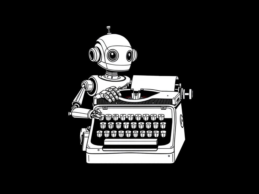 Create a high-quality illustration featuring a single robot sitting at an old-fashioned typewriter. The robot should be sleek and metallic, reflecting a futuristic design with articulate limbs and a friendly, expressive face. Its fingers are poised above the typewriter keys, as if it's about to type a message. The background should be completely black to enhance the contrast and draw attention to the robot and the typewriter, which has an intricate, vintage appearance with shiny metallic elements. The overa