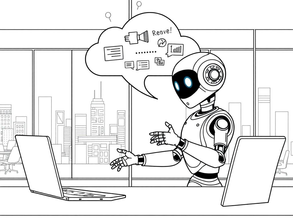 **Prompt for AI Image Generator:**

Create a high-quality illustration that embodies the concept of an AI-powered marketing system enhancing business conversations into revenue. The composition should be simple and clear, featuring a single, striking subject: a sleek, modern robot sitting at a desk, engaging in a conversation with a large, glowing data cloud that hovers above it. 

The robot should have a friendly yet sophisticated appearance, exhibiting features that suggest intelligence and adaptability, 